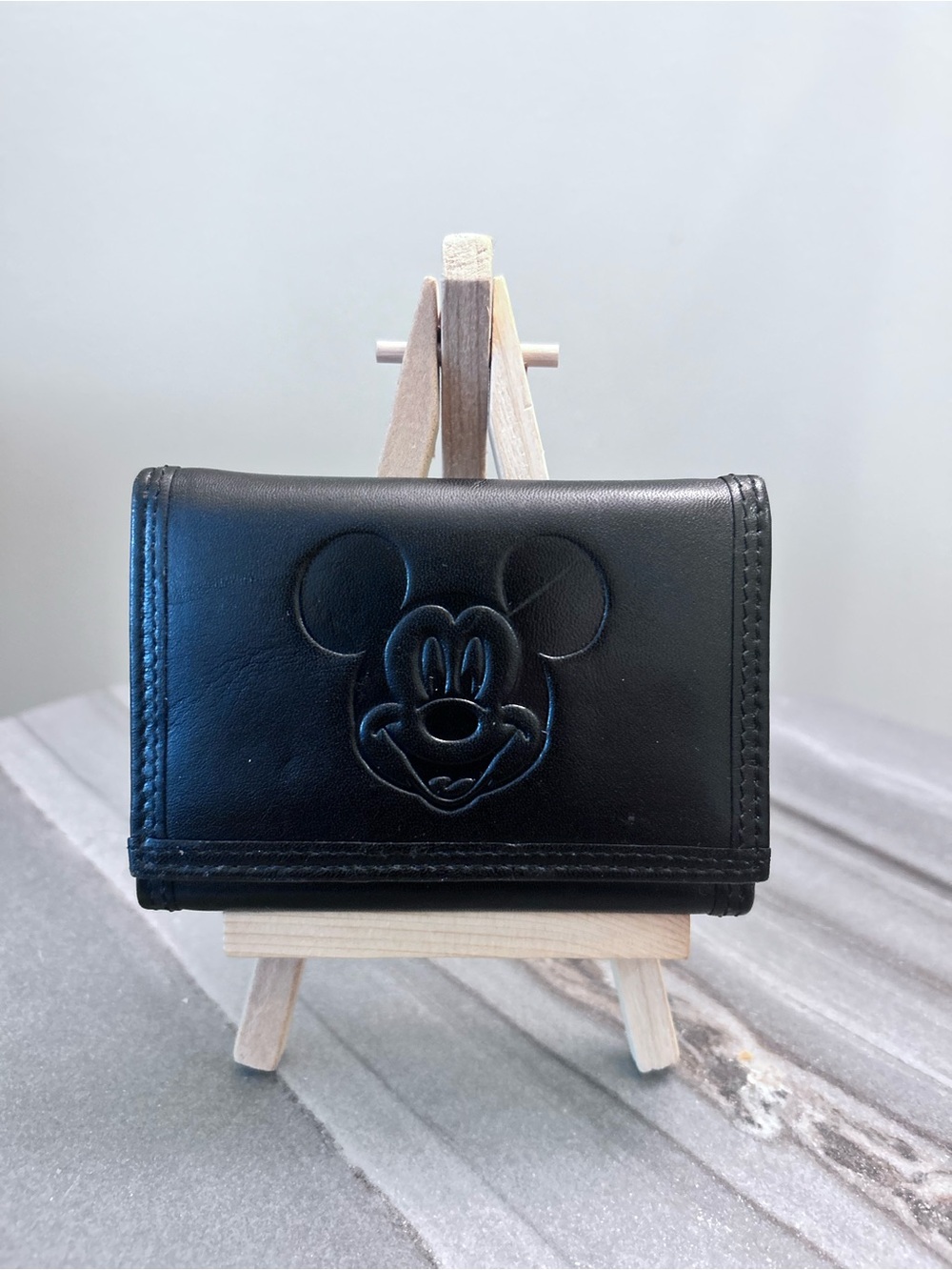 Disney Black Mickey Embossed Trifold Wallet, leather EUC